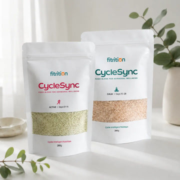 Fitrition Two packages of CycleSync Seed Cycling Kit on a white surface with plants in the background