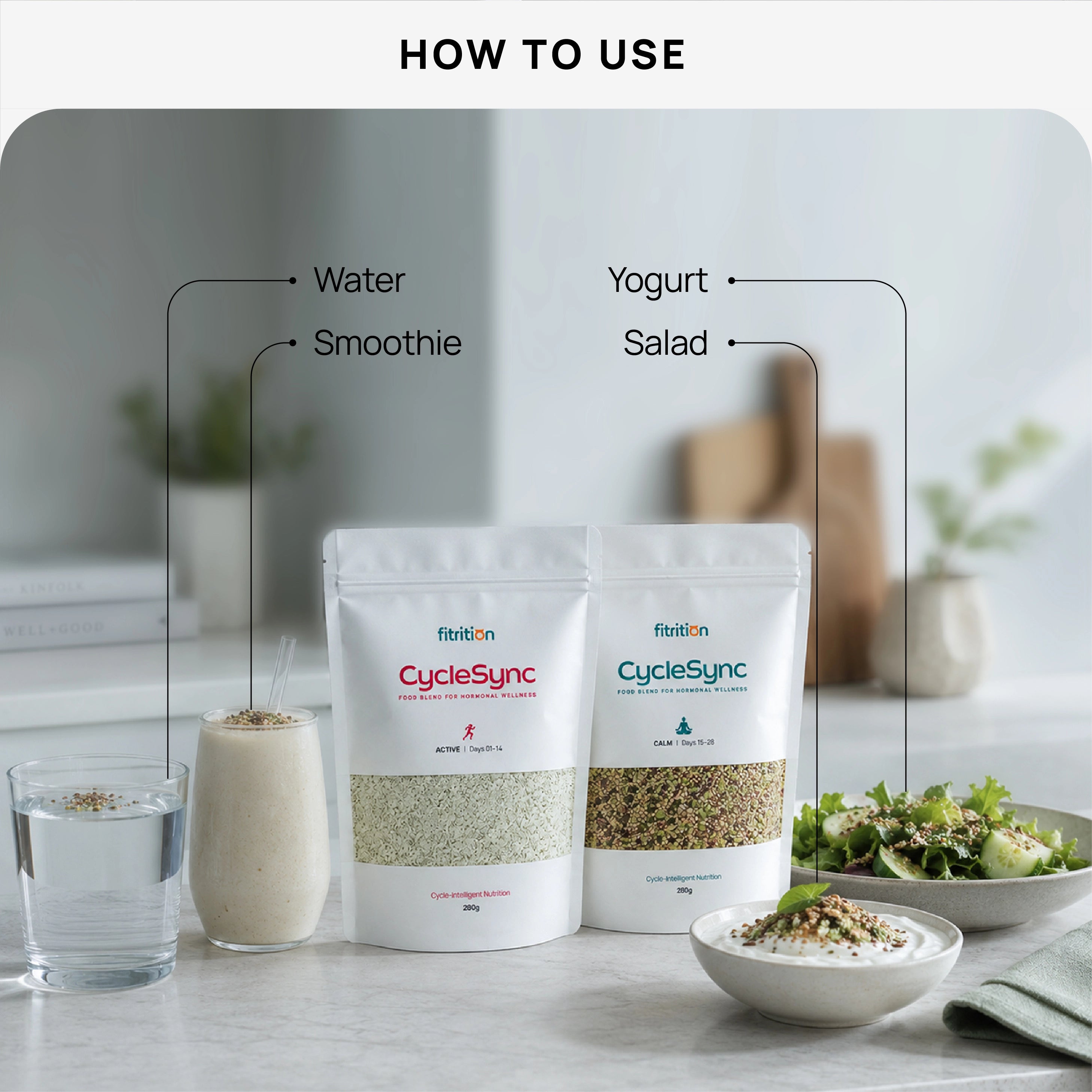 Two packages of FitritionCycleSync on a table with smoothie, yogurt, and salad for usage demonstration.Seed Cycling 
