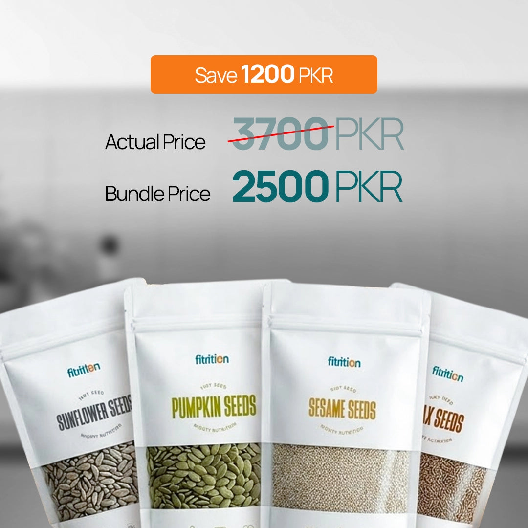Four packages of different seeds with a promotional price tag on a gray background
