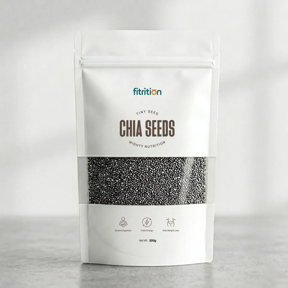 Fitrition Chia Seeds 200g resealable pouch front, premium raw chia seeds in Pakistan