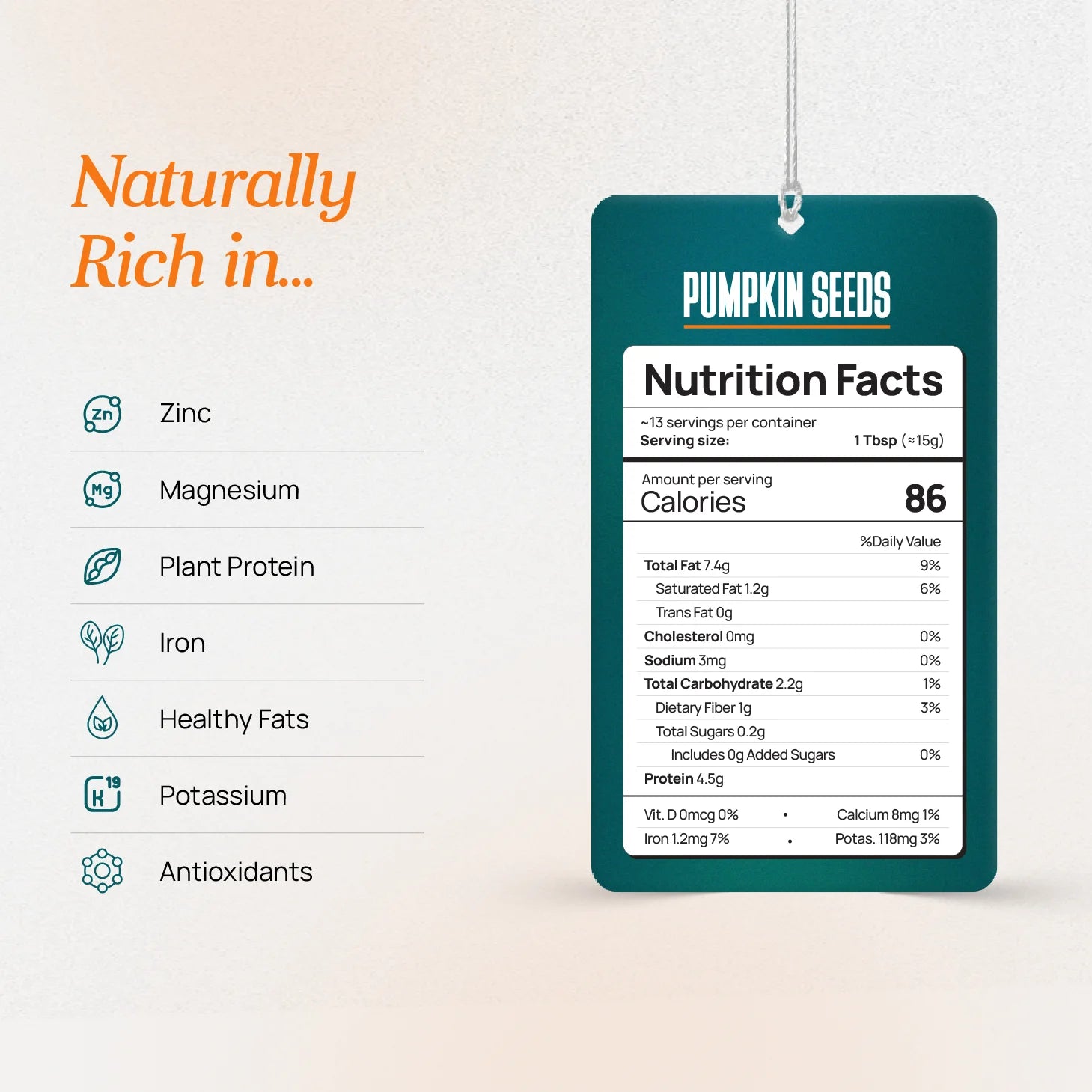 Fitrition Pumpkin Seeds nutrition facts per serving with zinc, magnesium, plant protein, and healthy fats.