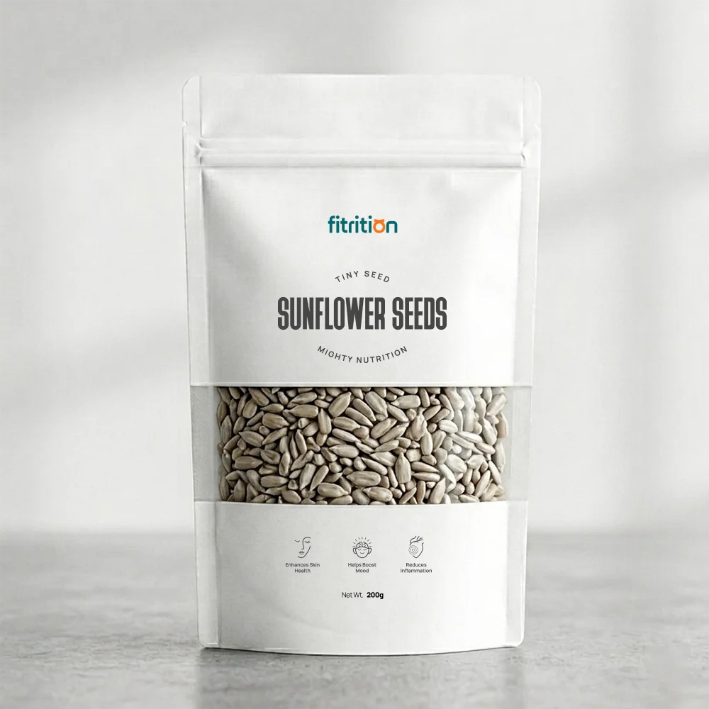 Fitrition Sunflower Seeds 200g resealable pouch, raw unsalted sunflower kernels in Pakistan