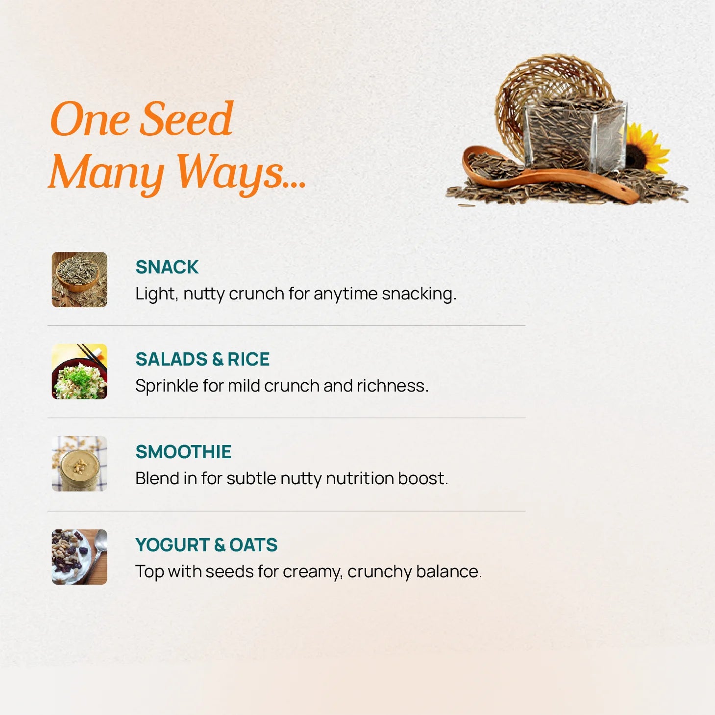 How to use sunflower seeds daily, snack raw or sprinkle on salads, smoothies, yogurt and granola