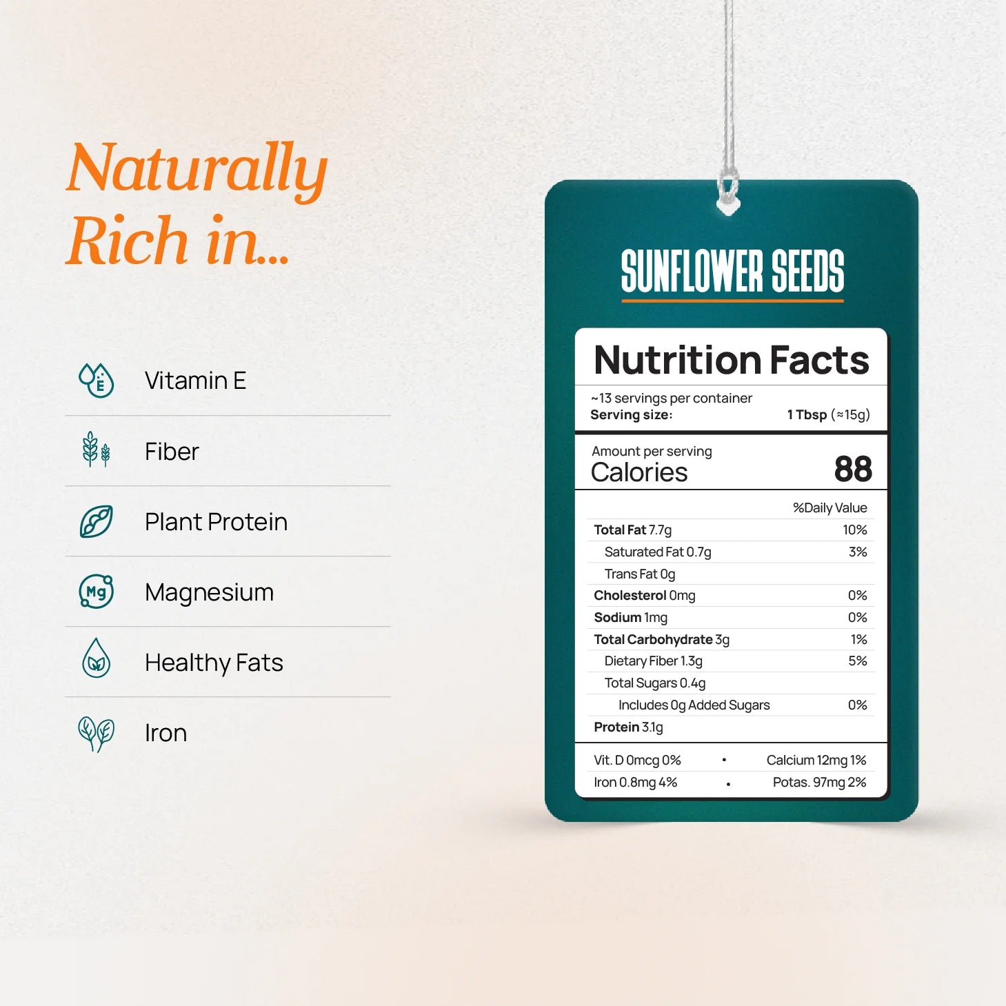 Fitrition Sunflower Seeds nutrition facts per serving with vitamin E, magnesium, plant protein, and healthy fats