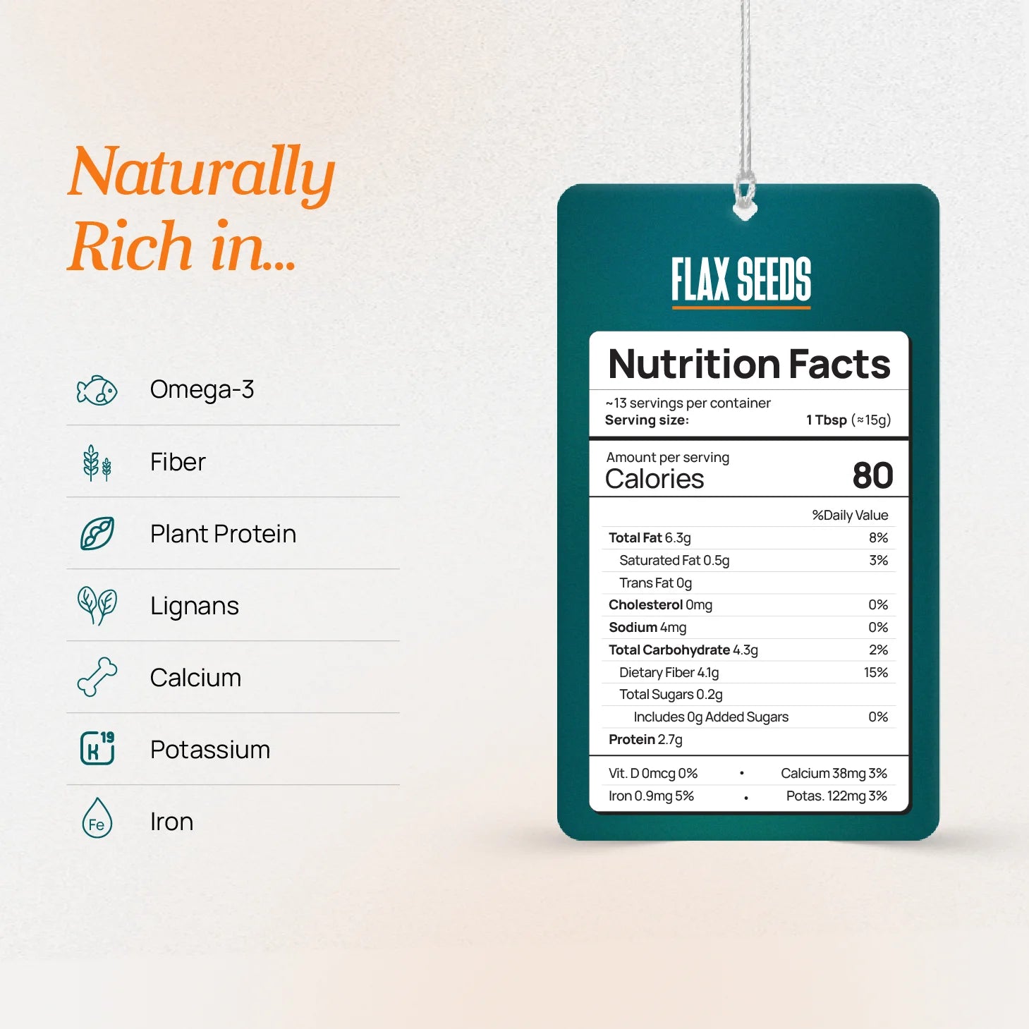 Fitrition Flax Seeds nutrition facts per serving with omega 3, fiber, lignans, and plant protein