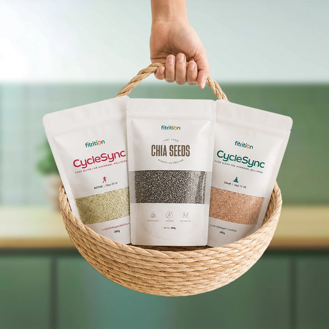Hand holding a woven basket with three 'fitrition' branded packages labeled 'CycleSync' and 'Chia Seeds'.