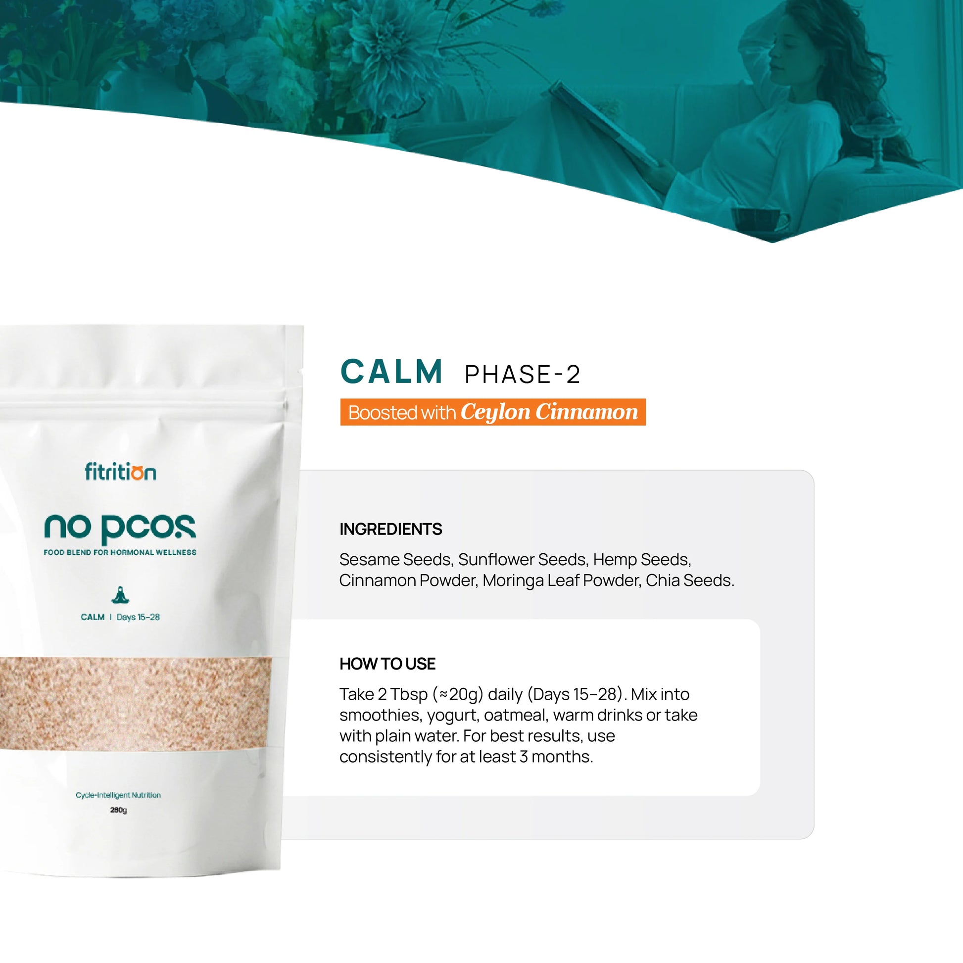 no pcos. Calm pouch front, food blend for hormonal wellness, Days 15 to 28, 280g