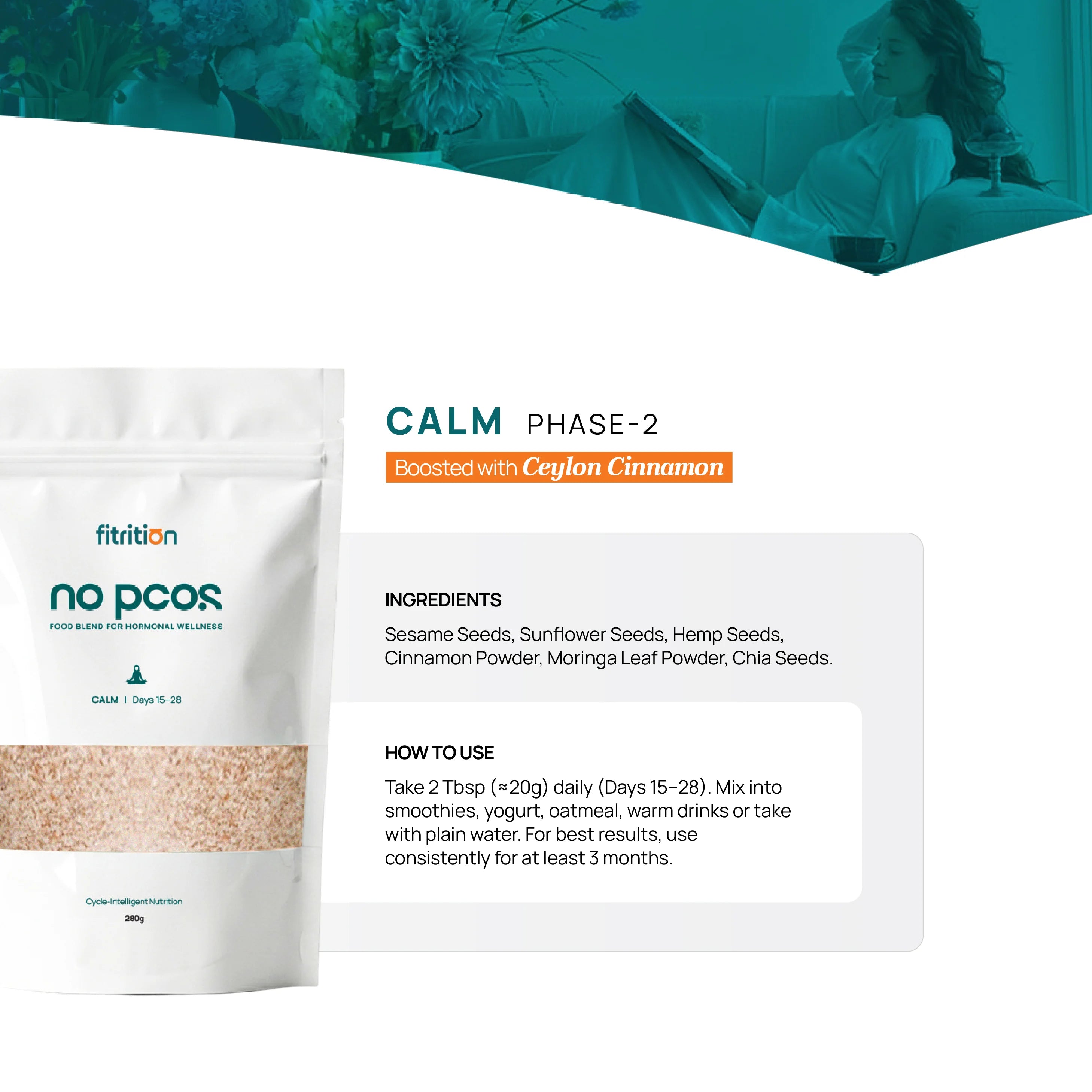 no pcos. Calm pouch front, food blend for hormonal wellness, Days 15 to 28, 280g