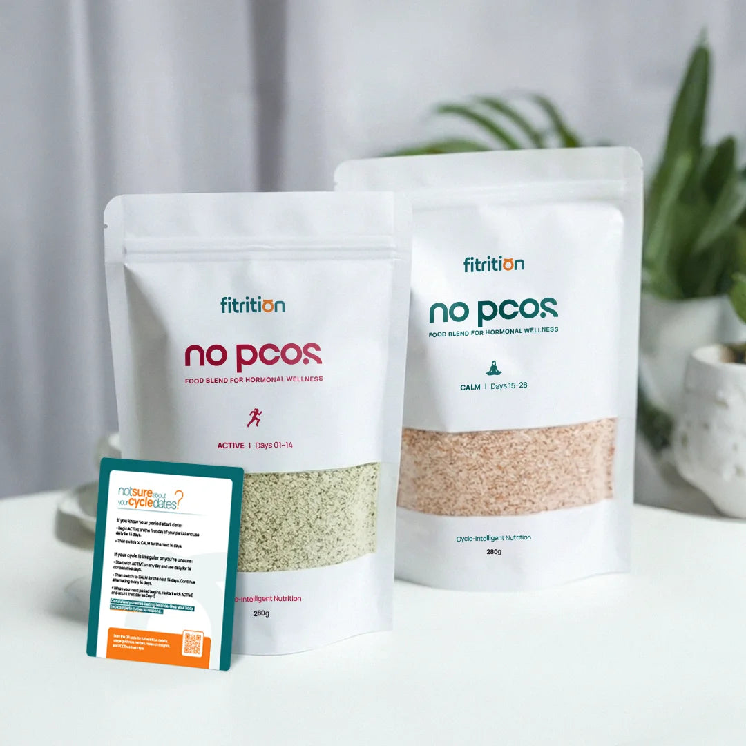 no pcos. advanced seed cycling kit with Active and Calm pouches by Fitrition.